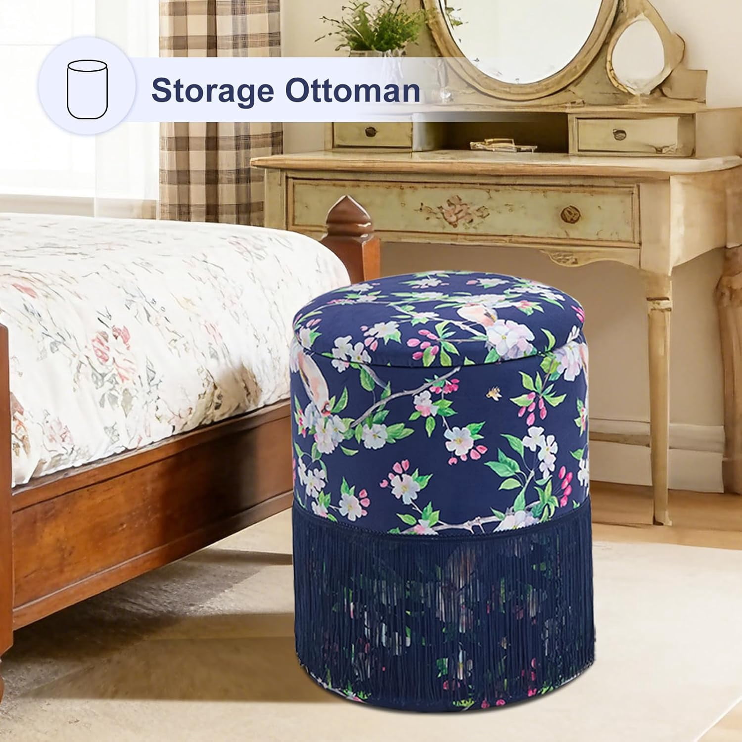 Casa Pura Furniture Storage Ottoman Round Velvet with Fringe Blue Hidden Storage 17.72 in H