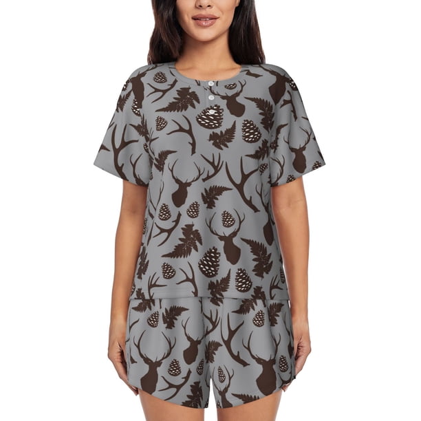Fotbe Brown Moose with Pinecones Conjunto de Pijama Estampado para Mujer, 2 Piezas, Ropa de Dormir con Camiseta de Manga Corta y Shorts Suaves-4X-Large