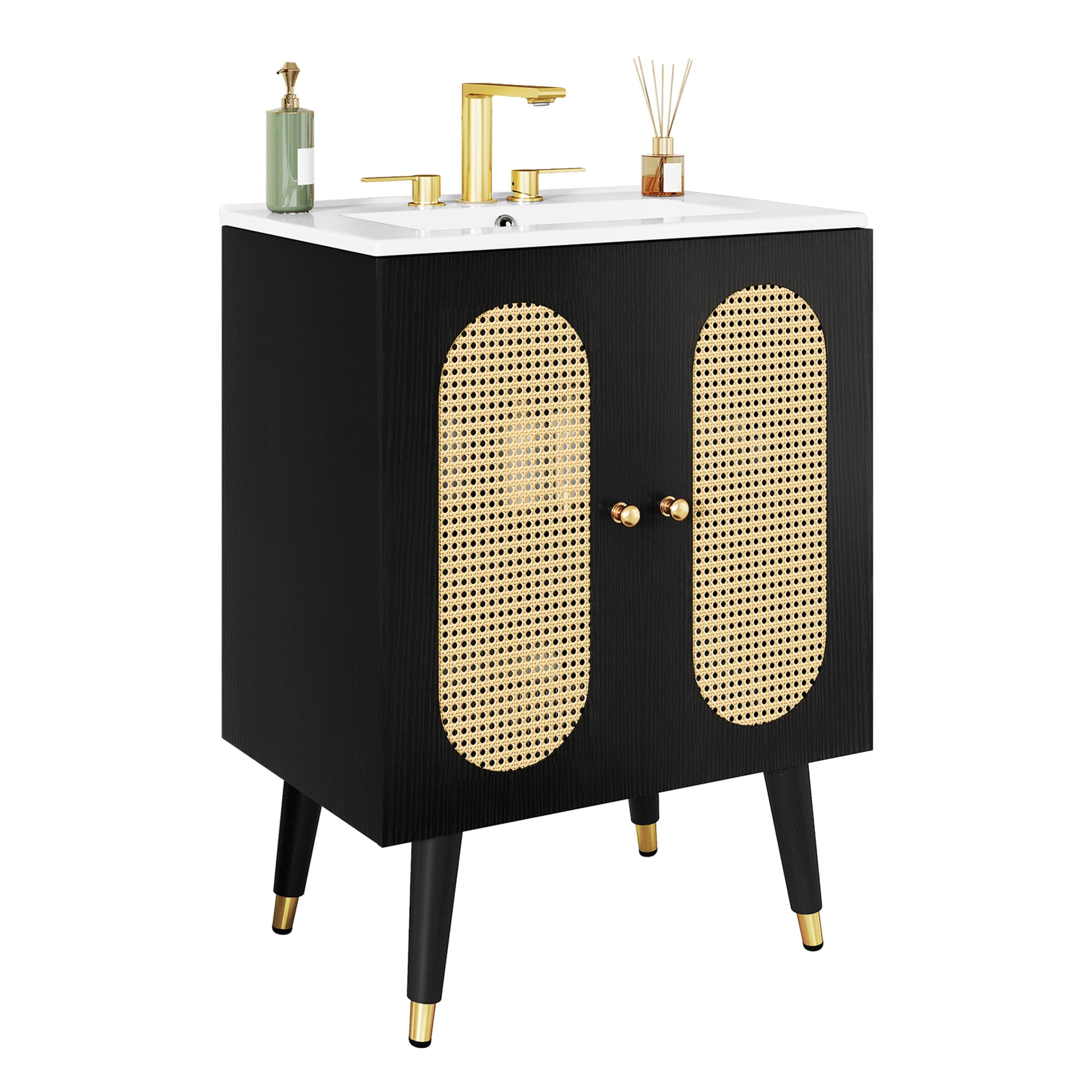 Uforic 24 Inch Bohemian Rattan Bathroom Vanity with Soft-Close Double Doors, Adjustable Inner Shelf for Small Space, Black