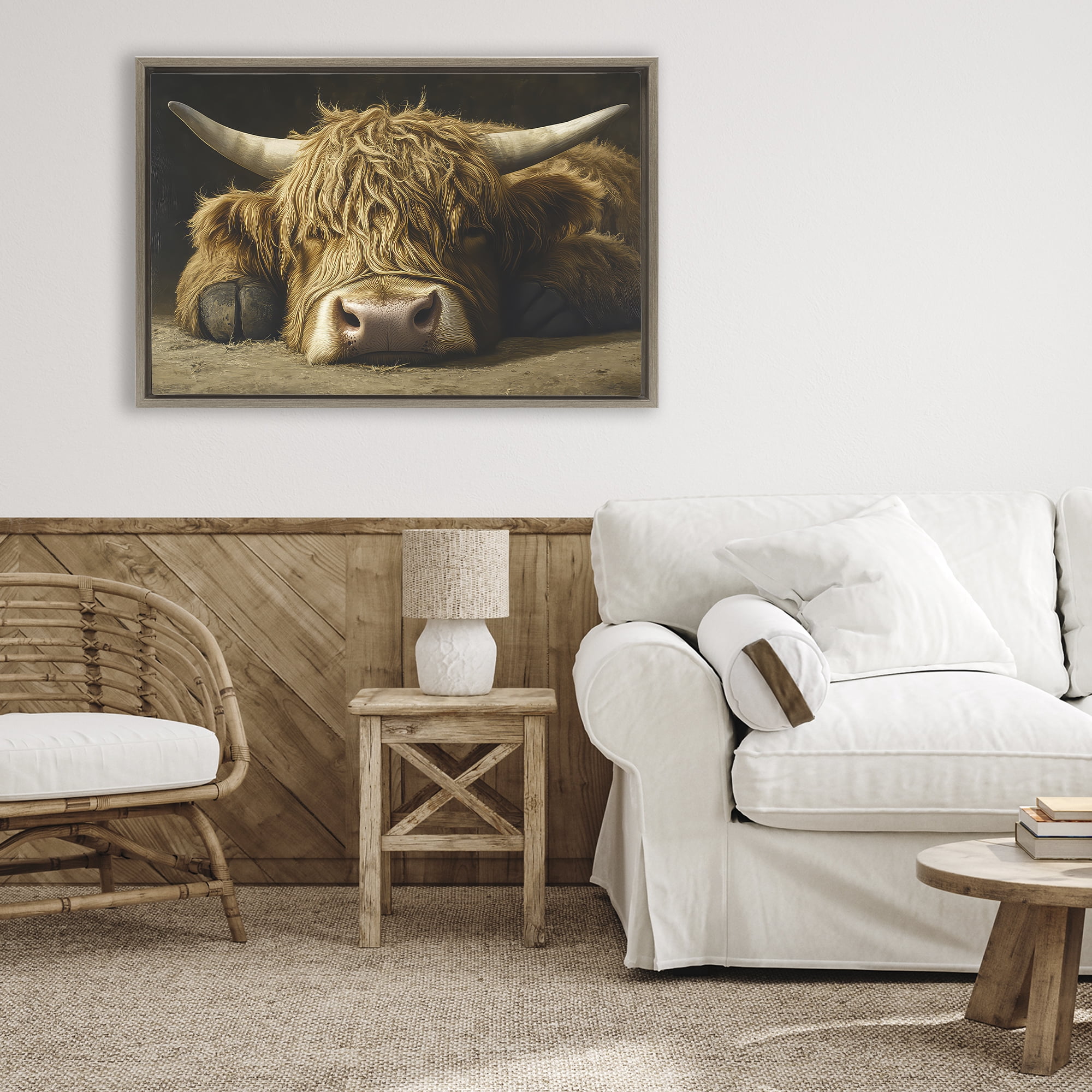 Stupell Industries Sleeping Highland Cow & Hoof Brown Framed Floater Canvas Wall Art, design by The Wands Want