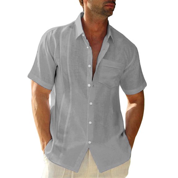 Mens Short Sleeve Shirts Button Down Lapel Solid Color Tops