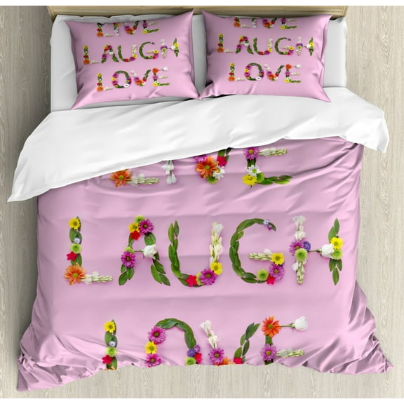 Live Laugh Love Queen Size Duvet Cover Set, Floral Quote Composition on an Abstract Pink Background Typographic Pattern, Decorative 3 Piece Bedding Set with 2 Pillow Shams, Multicolor, by Ambesonne