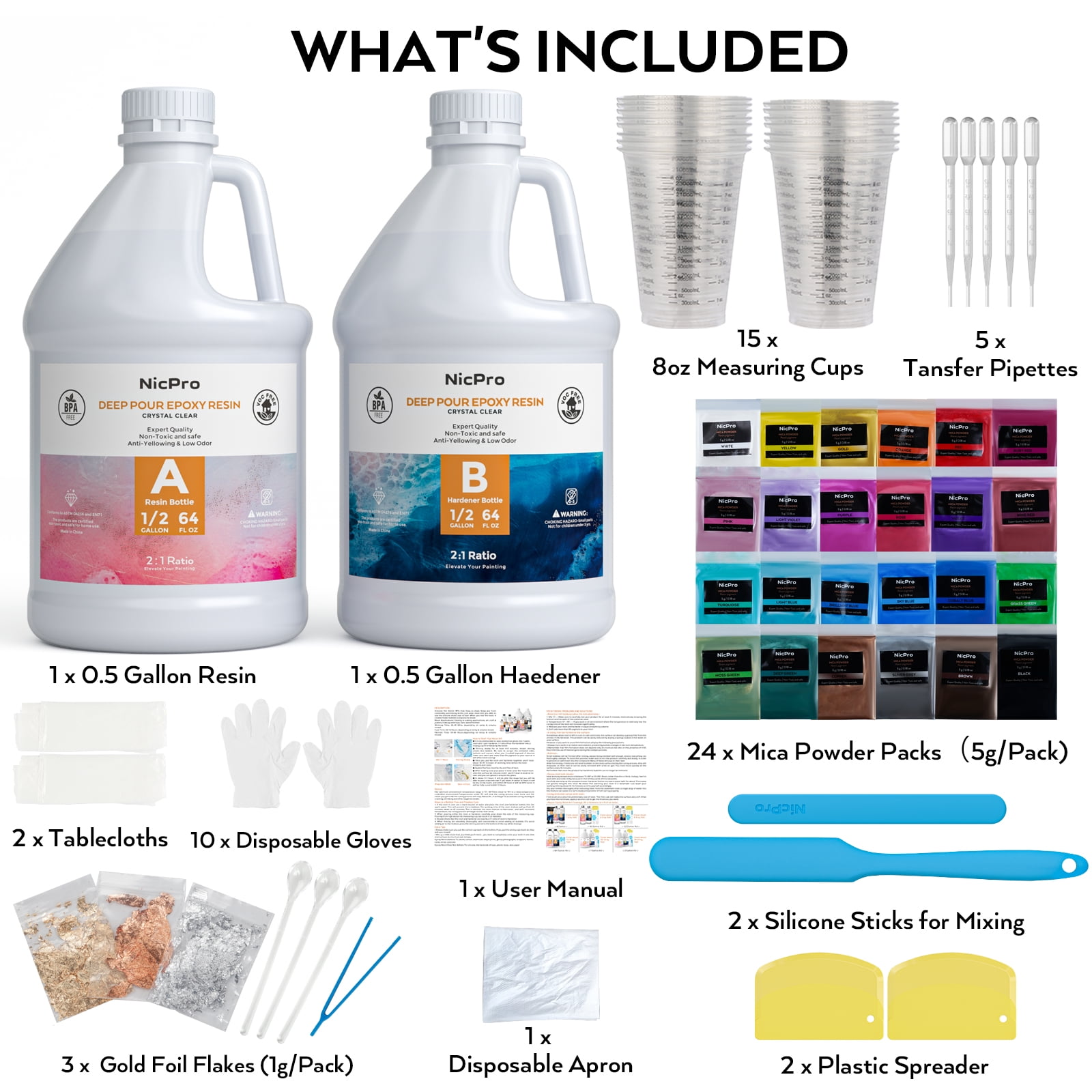 Nicpro 1 Gallon Crystal Clear Epoxy Resin Kit, Casting and Coating Resin Supplies for Art Craft Tabletop, Jewelry Making, Molds, Bar Top with 24 Mica Powder, Gold Foil Flakes, Measuring Cups, Sticks