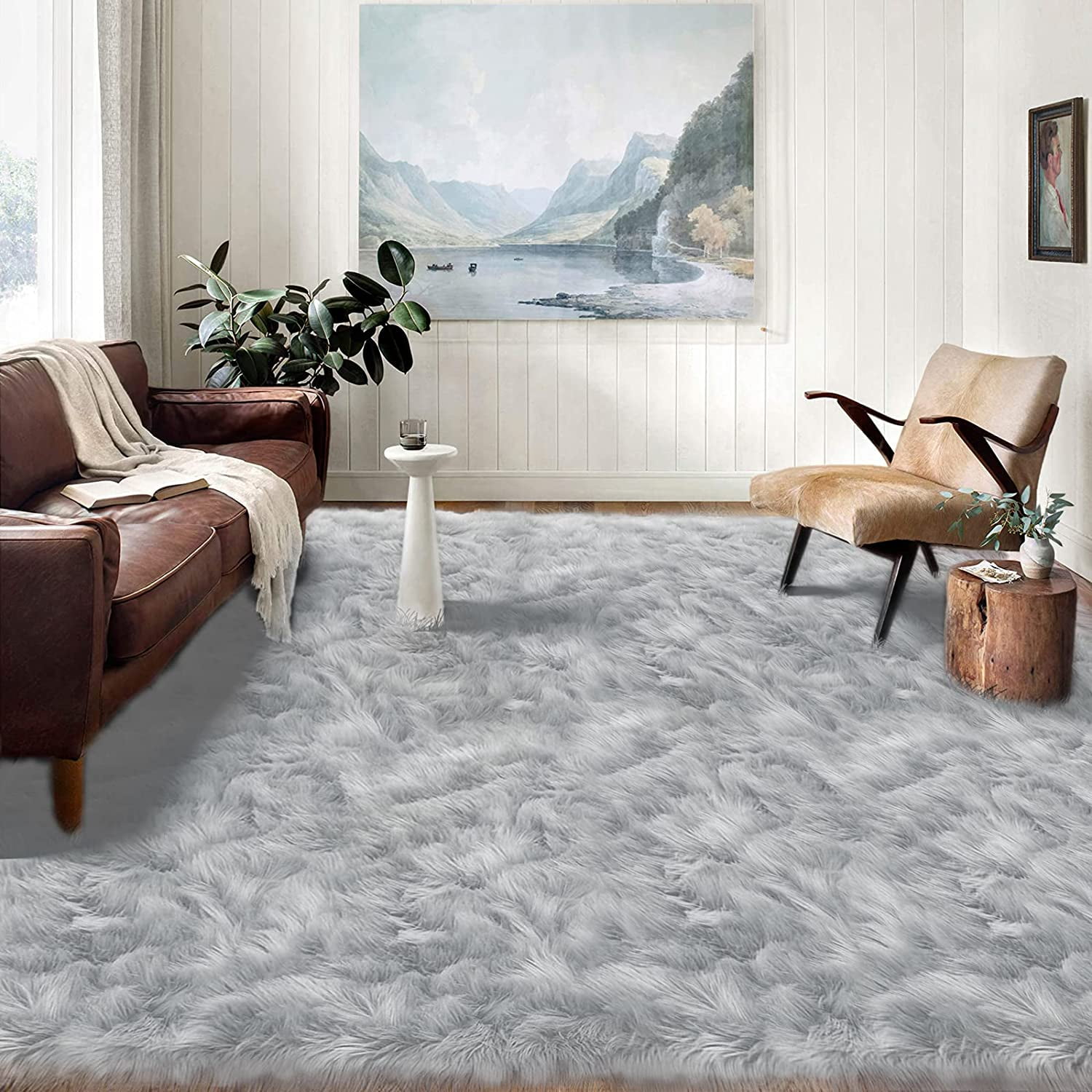 Latepis 12x12 Carpet Grey Faux Fur Rug for Living Room and Bedroom