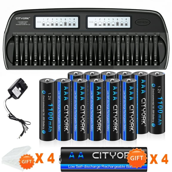 4 AA Batteries and 12 AAA Rechargeable Batteries with High Capacity Low Self Discharge 1.2v Ni-MH Batteries with 16 Bay AA AAA Smart LCD Independent Slot Battery Charger