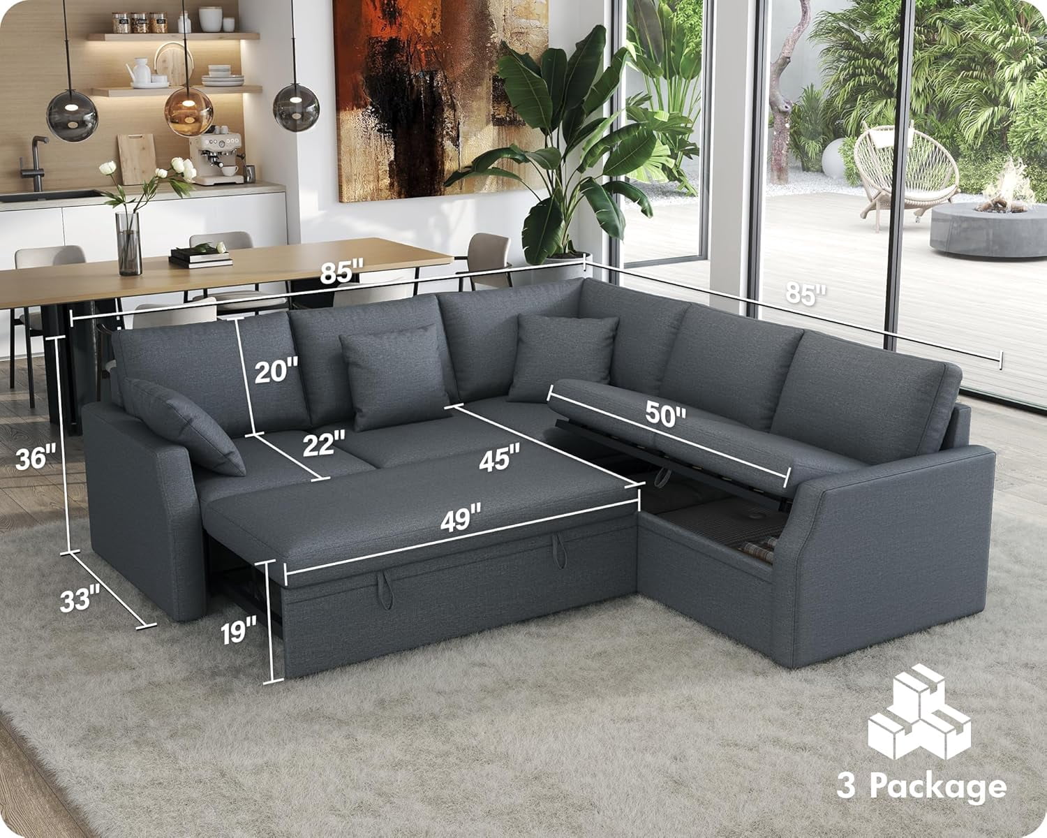 VANACC 85" L Shaped Sleeper Sofa Bed with Pull Out Bed and Storage Seat, Grey Linen Sectional Couch for Living Room Apartment