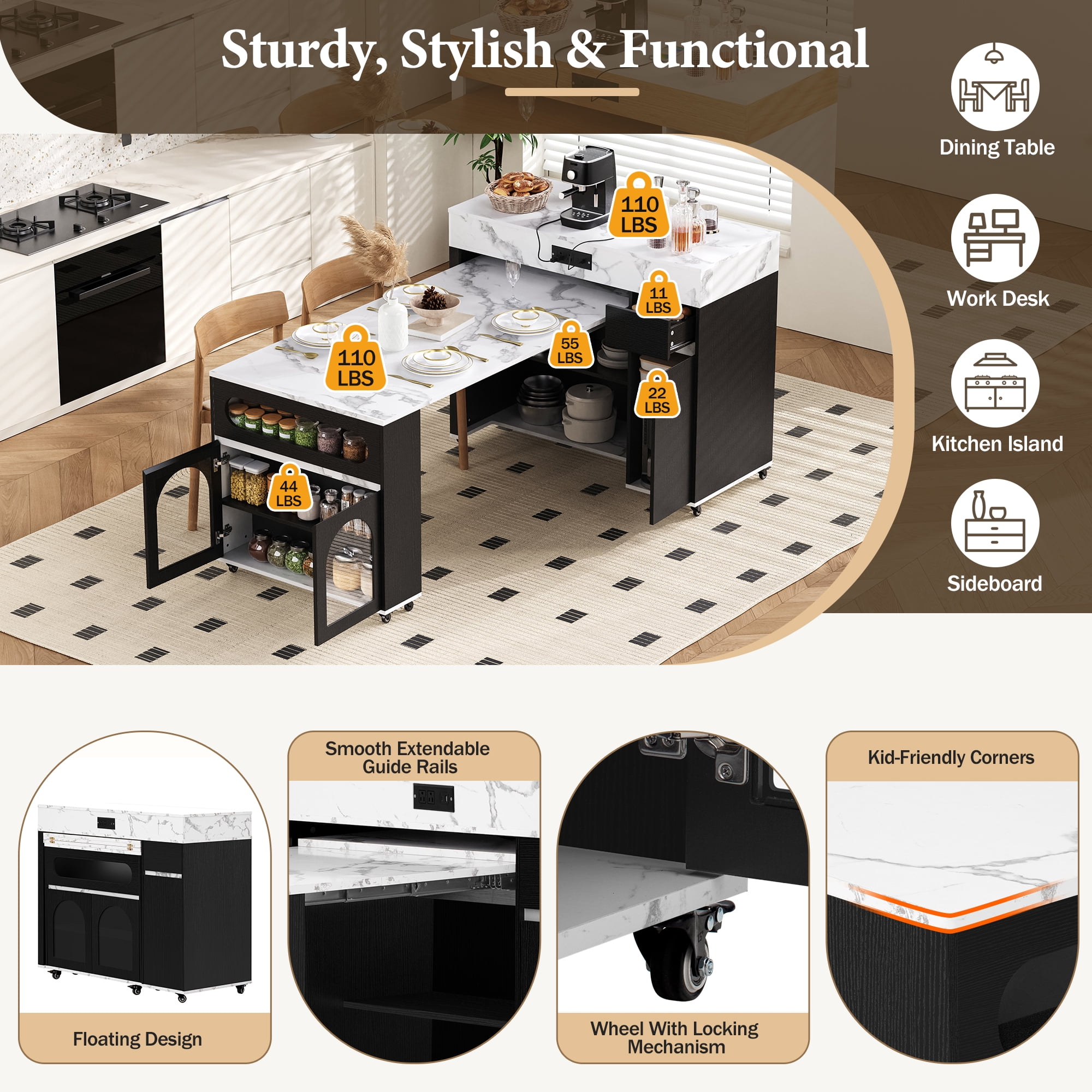 Noble HouseTREXM Extendable Dining Table with Extra-Long Folding Top, Rolling Kitchen Island with Drawers(Black + Marble White)