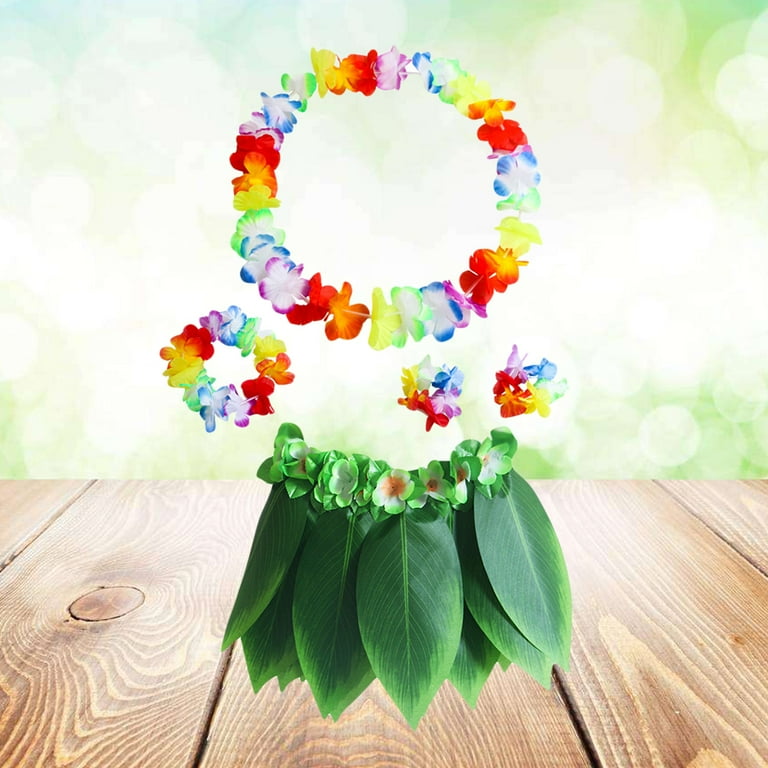 5pcs Hula Skirt Hawaiian Costume Set with Green Leaves Necklace Bracelets  Headband Luau Party Favors for Beach Luau Party Supplies(Adults) 