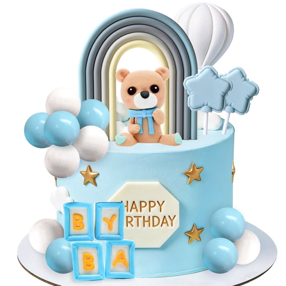 Blue Bear Rainbow Cake Topper Set - Dreamy Sky Theme Party Decor with Stars Balloons Letters