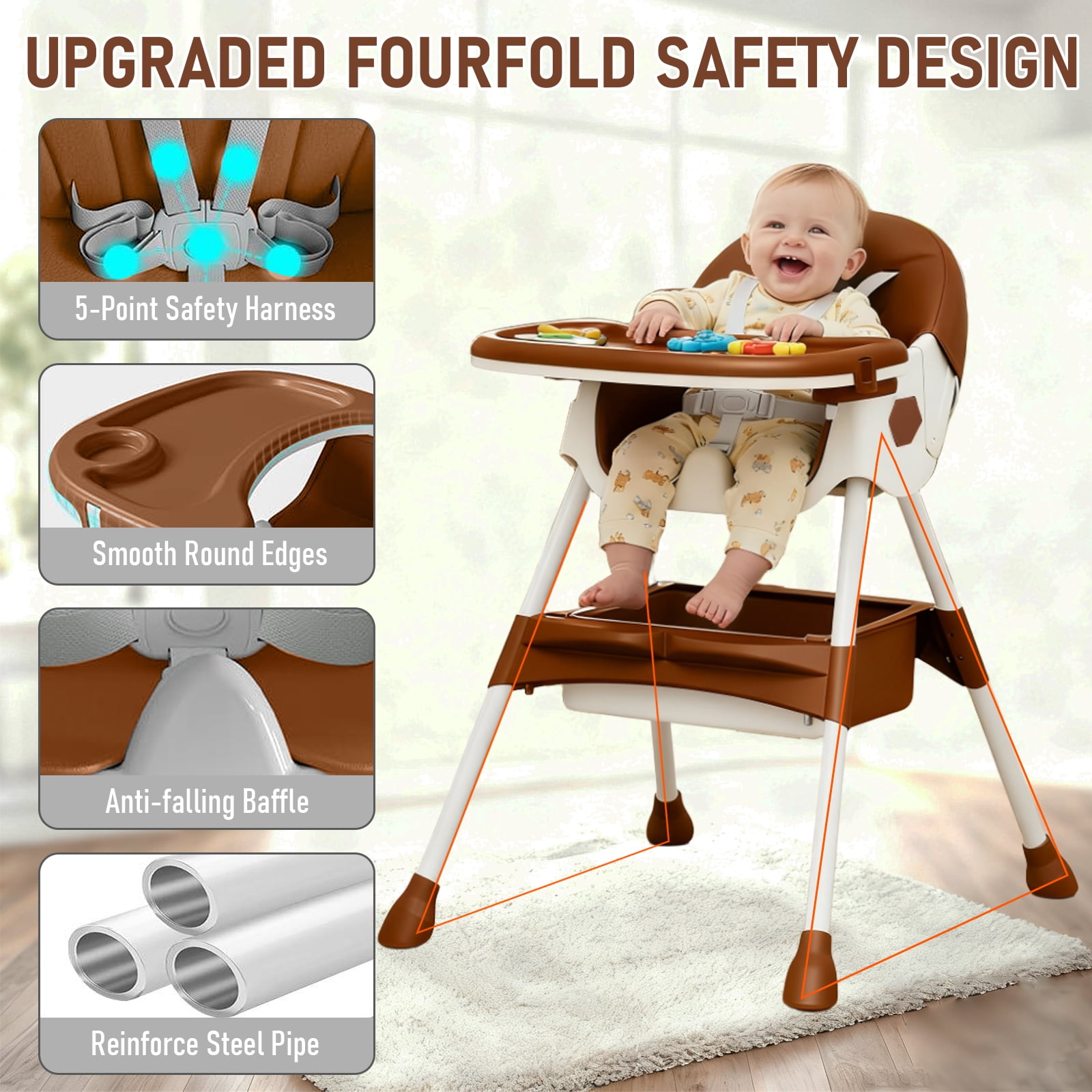 ManyFun-4-in-1 Baby High Chair Portable Toddler Baby Dining Chairs-Dining Booster Seat for Eating-Dinner Plate and Toy Rack,Brown