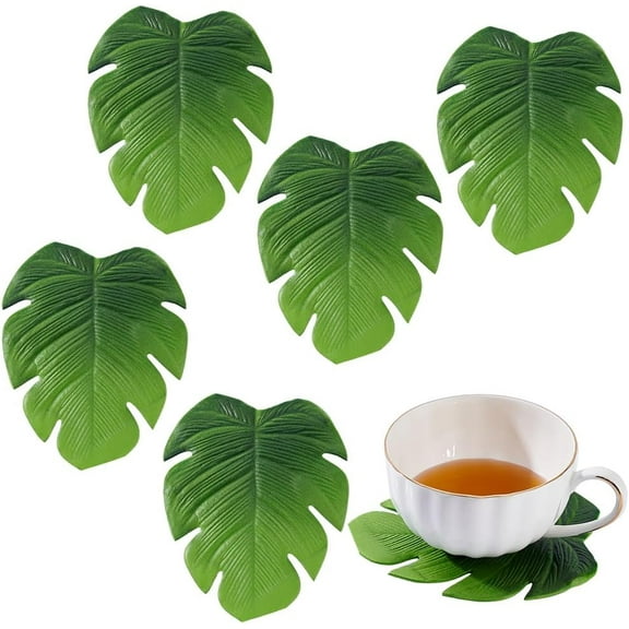 6 PCS Green Monstera Leaves Coasters Jungle Plant Coasters Imitation Plants Coasters for Drinks Coffee Place Mats for Housewarming Home Decor