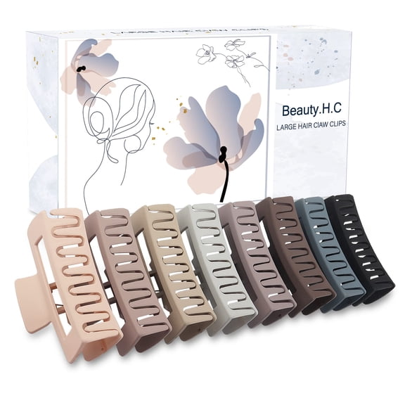 Beauty.H.C 8Pcs Big Hair Claw Clips Strong Hold Large Claw Clips for Thick Thin Long Hair Noslip Rectangular Hair Clips for Women Girls, 4.13 Inch Jaw Clips Gifts