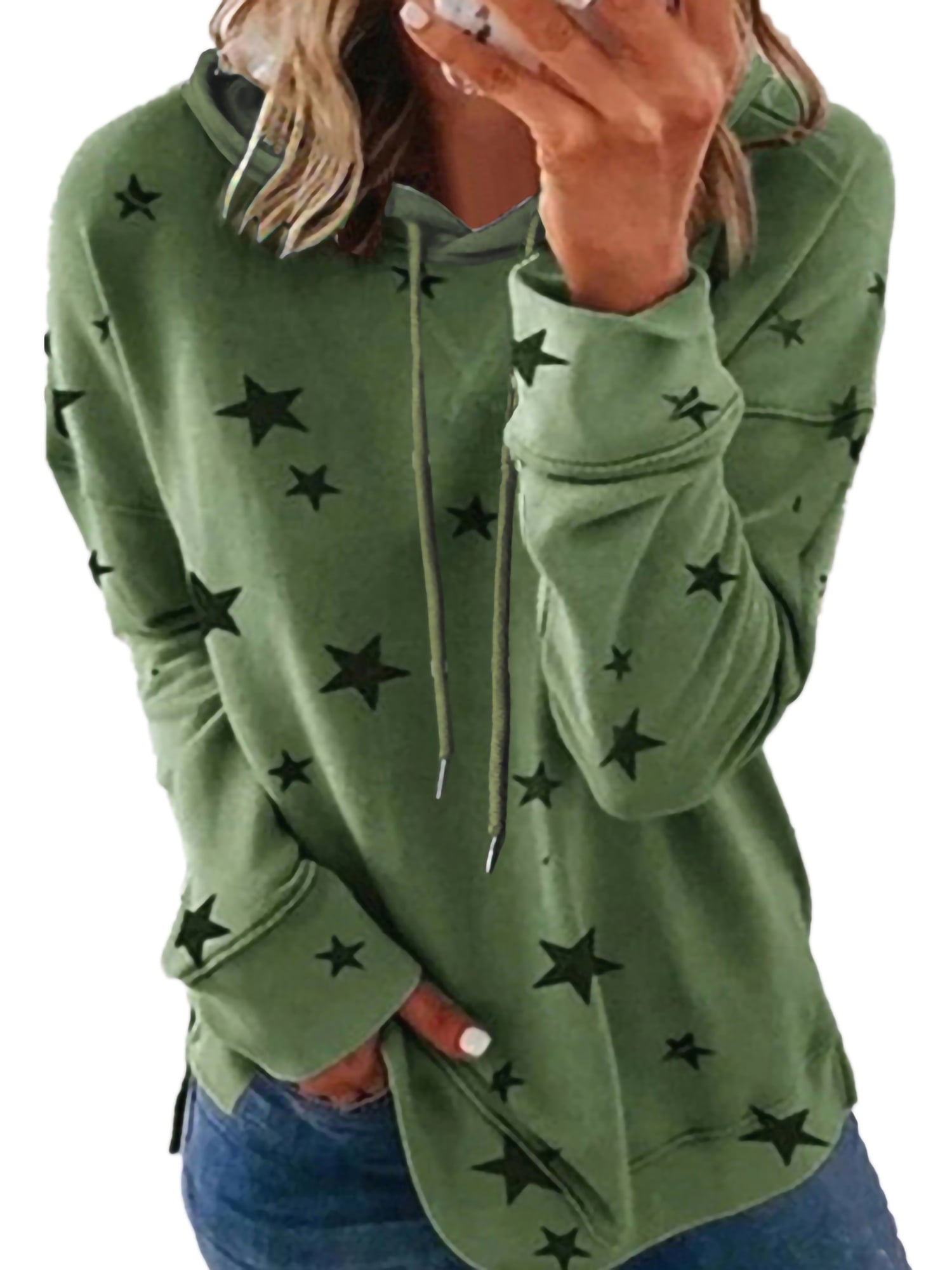 LUXUR Ladies Sweatshirt Stars Print Pullover Drawstring Hoodies Loose Fit Hooded Tops Long Sleeve Green M
