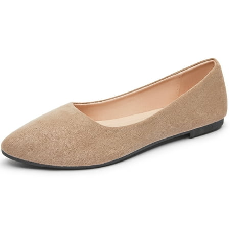 AOMAIS Women Ballet Flats Classic Faux Suede Pointed Toe Dress Shoes Comfortable Slip On Business Flats Cute Solid Soft Ballerina Flats(Beige/Brown 7)