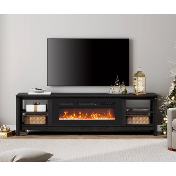 WAMPAT Fireplace TV Stand with 36" Electric Fireplace Heater, Farmhouse Entertainment Center for 80" TV, Modern Media Console with Storage Cabinet, Black