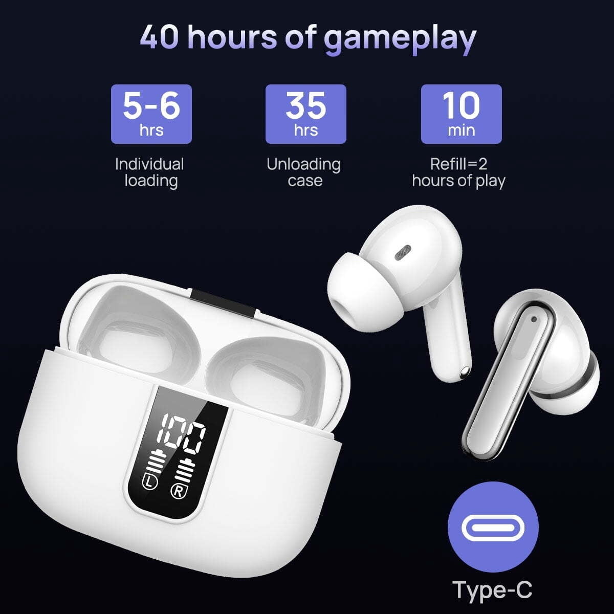 Earbuds Wireless Bluetooth 5.3, Noise Cancelling Earbuds For Phones, Bass Stereo, IP7 waterproof, 41h Playtime, LED Display In Bluetooth Headphones, Gray
