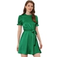 thumbnail image 1 of INSPIRE CHIC Robe Satinée à Manches Courtes Bouffantes pour Femme, Col Montant à Volants, Taille à Nouer, Vert G, 1 of 5