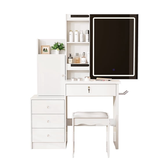 Vanity Desk Set with Sliding Lighted Mirror, Makeup Dressing Table with 4 Drawers & 9 Storage Spaces, Hidden Compartments and Cushioned Stool, White