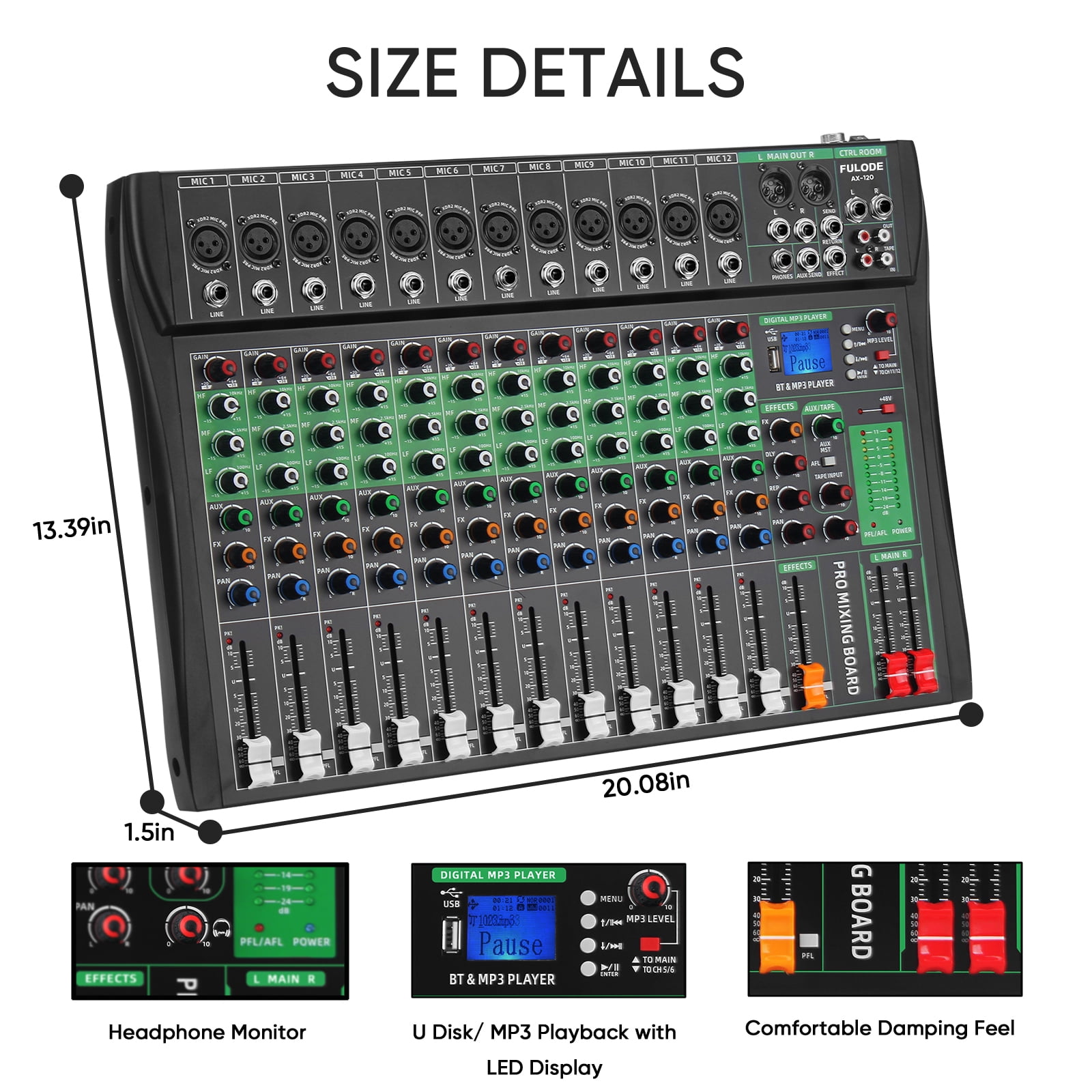 12 Channel Audio Mixer, Professional DJ Mixer Board Sound Music Mixing Console Digital Mixer with Reverb, Bluetooth, USB Port, 48V Phantom Power for Recording Karaoke Podcasting