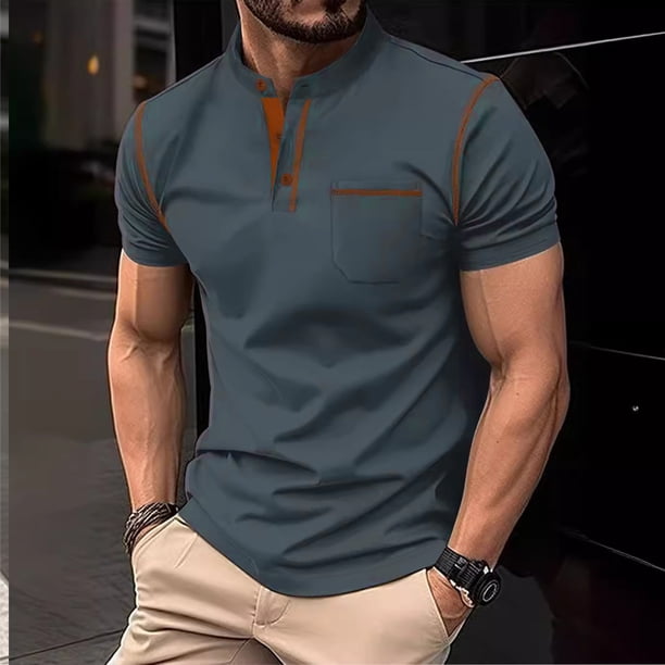 pstuiky camisetas de hombre, Camiseta deportiva de manga corta con cuello redondo y solapa para hombre con bolsillos camisetas de hombre l