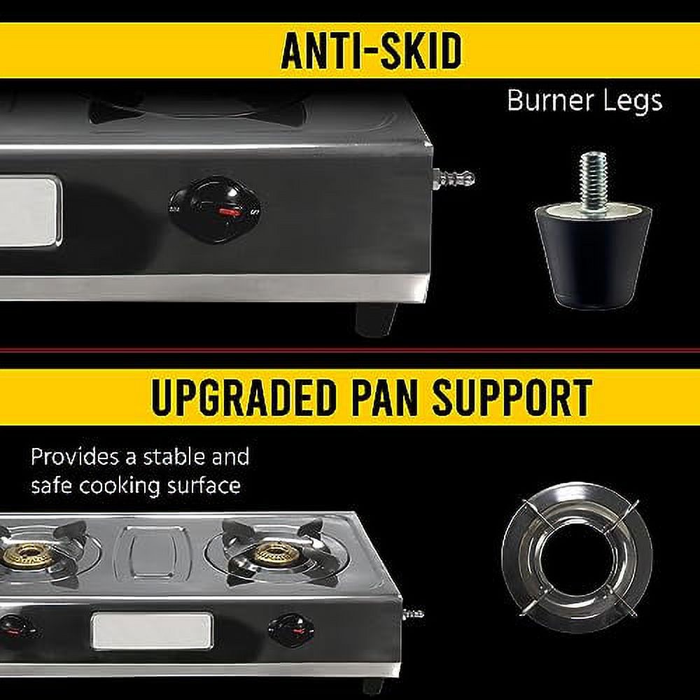 Sonret gas stove portable 2 burner, double gas stove stainless steel camping stove -propane portable cooktop indian style gas stove For Cooking Outdoor on 2 burner gas stove - With Hose & Regulator