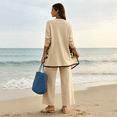 thumbnail image 3 of Textilo Women 3 Piece Outfits 3/4 Sleeve Floral Cardigan Sleeveless Top Wide Leg Pants Sweatsuit Sets Wedding Guest Pant Suits,Beige XL, 3 of 5