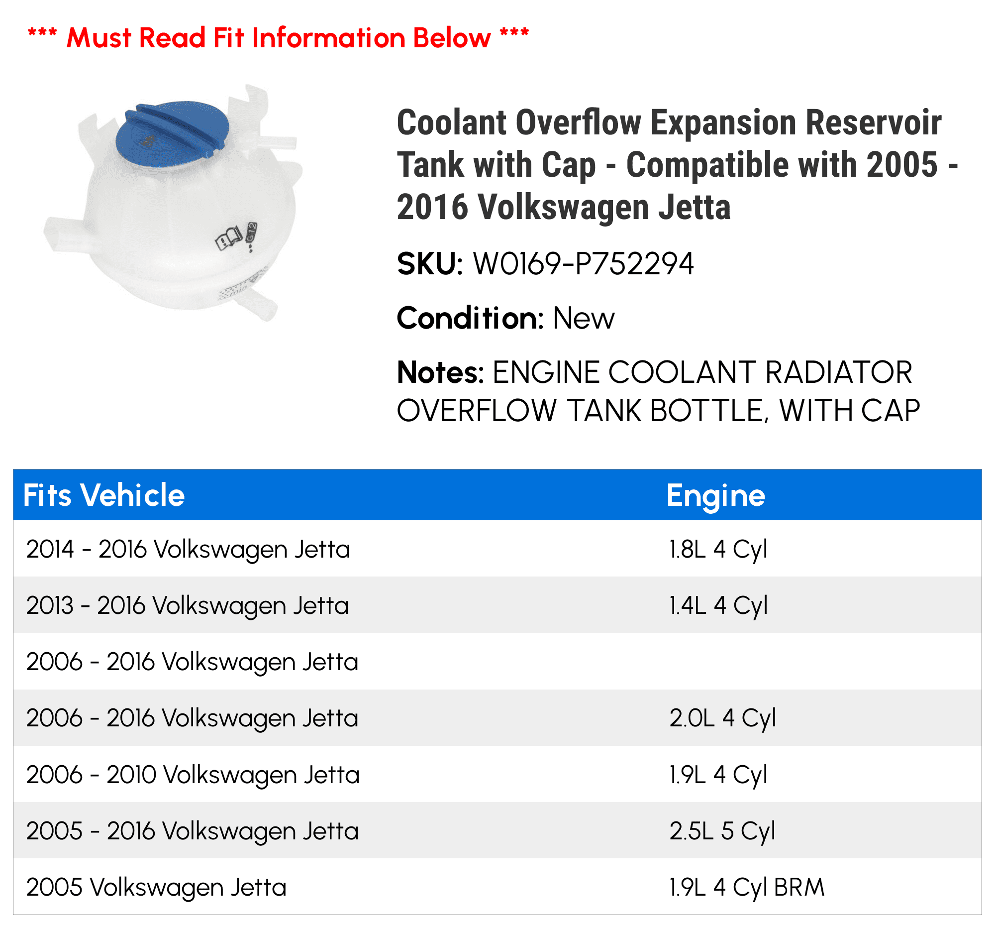 Coolant Overflow Expansion Reservoir Tank with Cap - Compatible with 2005 - 2016 Volkswagen Jetta 2006 2007 2008 2009 2010 2011 2012 2013 2014 2015