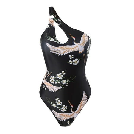 Spentoper Women s Retro One Shoulder Cutout Fashionable Bandeau Swimsuit with Beach Cover Up Wrap Skirt Two Piece Bikini Set Black L