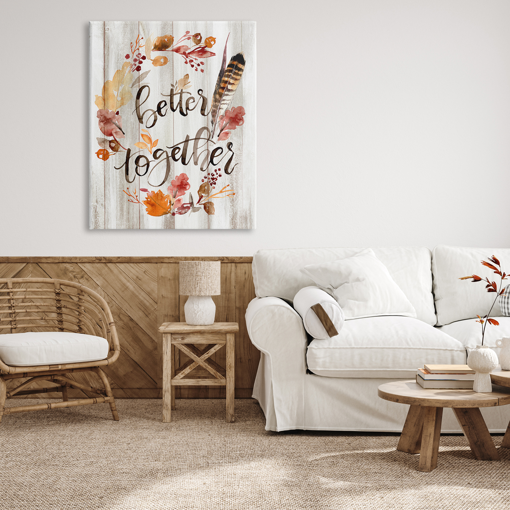 Better Together Rustic Boho Calligraphy Feather Plants Botanical & Floral Graphic Art Gallery-Wrapped Canvas Print Wall Art