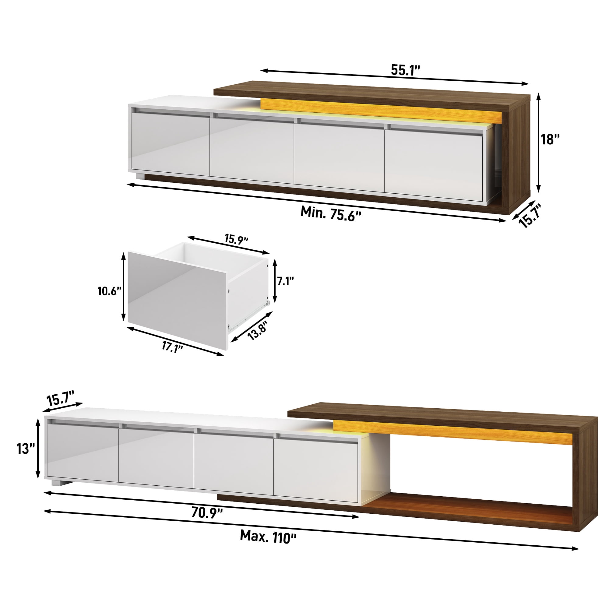 ANPOO Extendable TV Stand Cabinet with Drawers & LED Light, High Gloss Modern Minimalist Entertainment Center for Up to 120" TV, Reversible Extra Long TV Media Console, White & Walnut