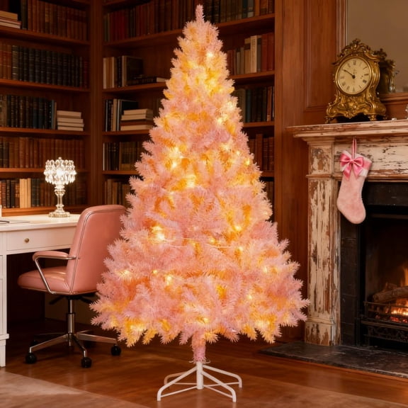 6 FT Pre-Lit Christmas Tree, 1000 Lush Branch Tips, Artificial Xmas Tree with 250 Warm White LED Lights, Hinged Christmas Tree, Metal Stand, Home Office Seasonal Holiday Decoration, Pink