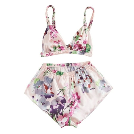 

BIZIZA Women Pajama Sets Sleeveless V-Neck Cami Crop Top Shorts Comfortable 2 Piece Satin Floral
