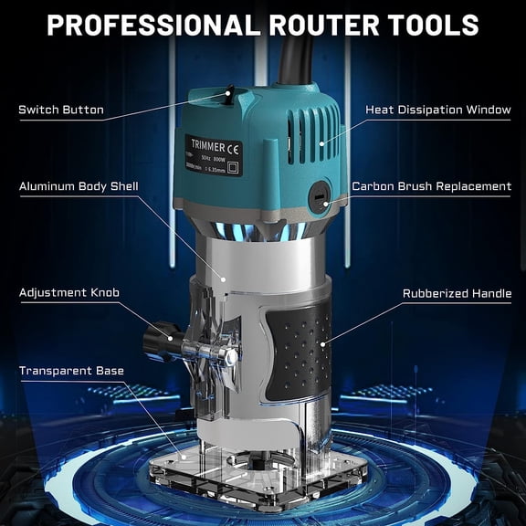 Router Tool, 110V 800W Compact Wood Router Tool for Woodworking, Electric Hand Trimmer 1/4" Collets Palm Wood Router Tools Laminate Trimmer Tungsten Carbide Router Bits 15-Piece Set