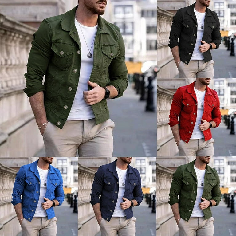 ALSLIAO Men's Coat Jean Button Up Slim Fit Jacket Lapel Tops Long