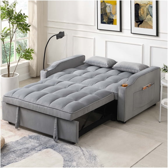 Modern Velvet Convertible Sofa Bed with USB Charging, Adjustable Recliner Backrest and Storage Pockets, Light Gray Love Seat Sleeper for Small Spaces