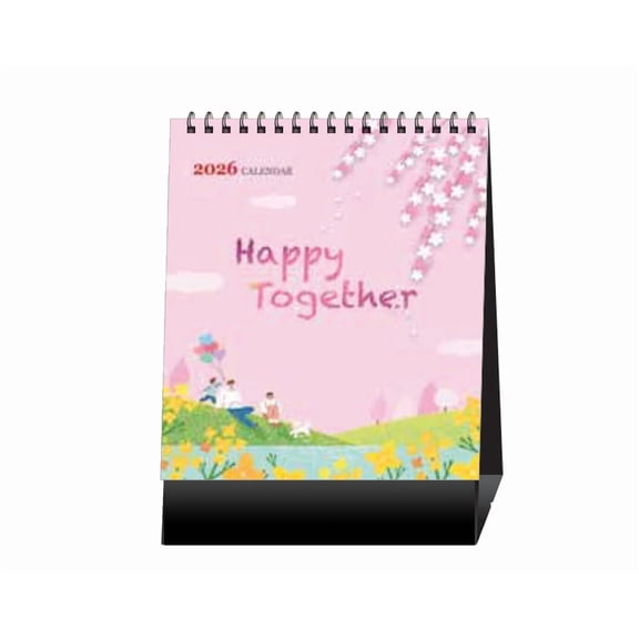2026 Desk Calendar, Happy Together, Standing Flip Desk Calendar, Wire-O Bound, Thick Paper, 14 Sheets, 5.9"x7.9"
