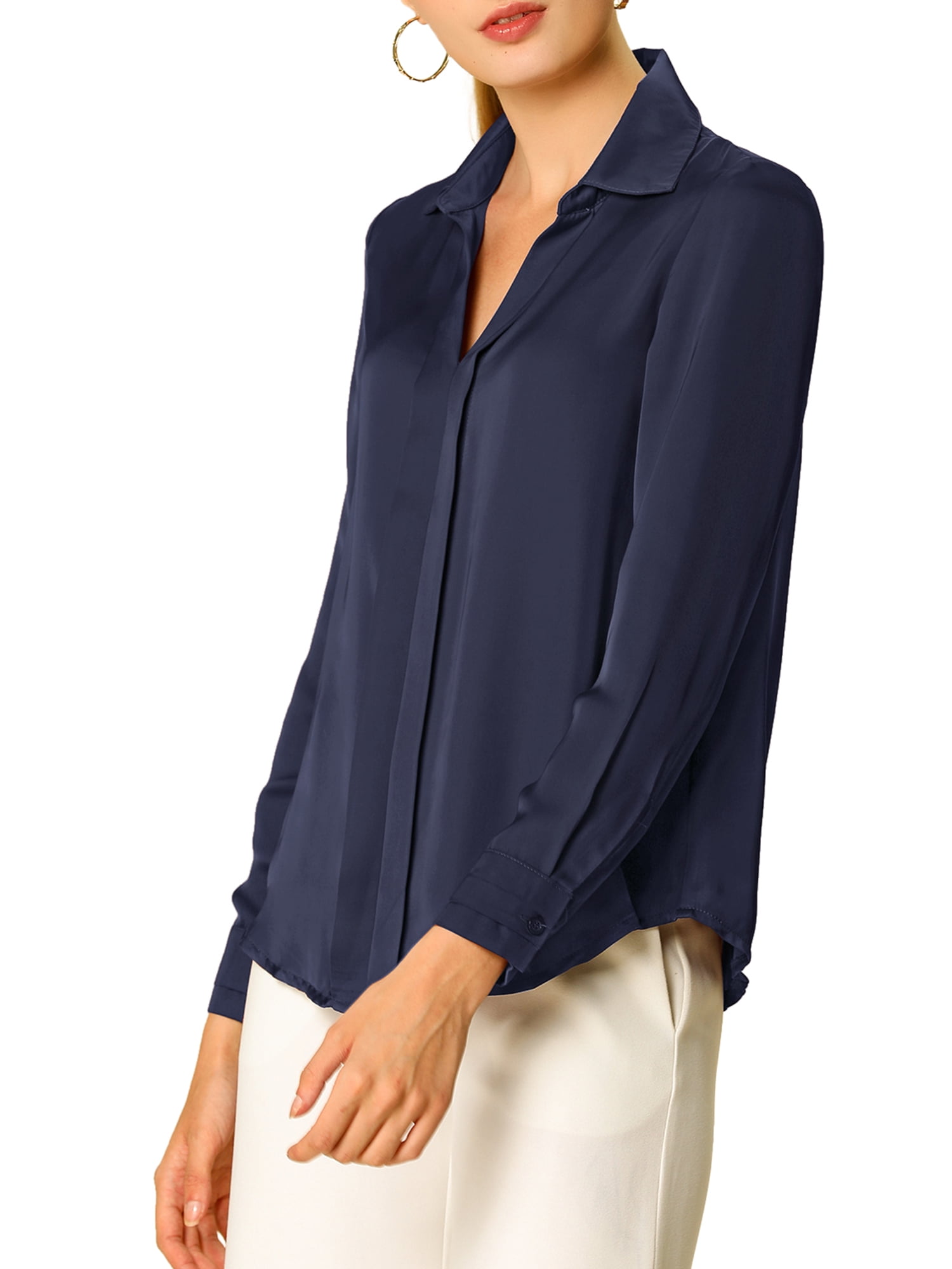 DARING DIVA Women's V Neck Classic Work Office Long Sleeve Shirt XS Navy Blue