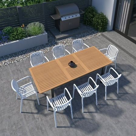 Amazonia Port of Mystique 9-Piece Teak Finish Wood 100% FSC Rectangular Patio Dining Set White