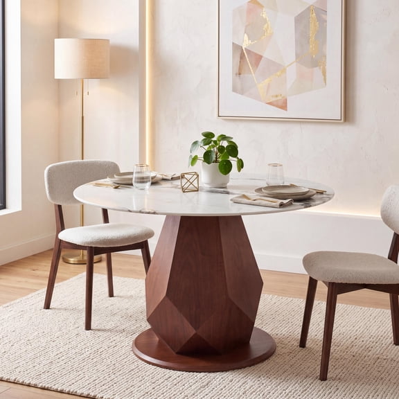 CasaGlajore 44.88" Modern Round Dining Table with Sintered Stone Top & Walnut-Finished Pedestal Base – Seats 4-6, Geometric Design for Dining Room, Kitchen, or Office