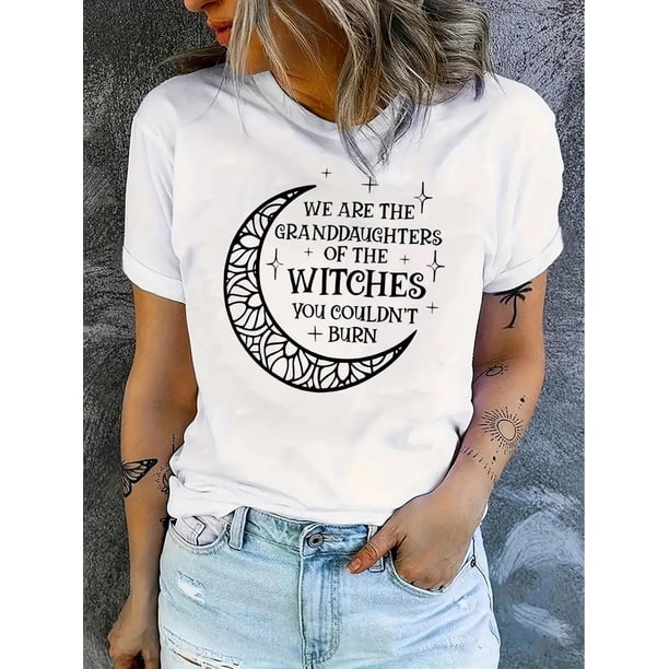 Chic Moon Print Women's T-Shirt - Casual Crew Neck, Short Sleeve, Stretchy Polyester Blend, Machine Washable - Perfect for Summer & Casual Attire