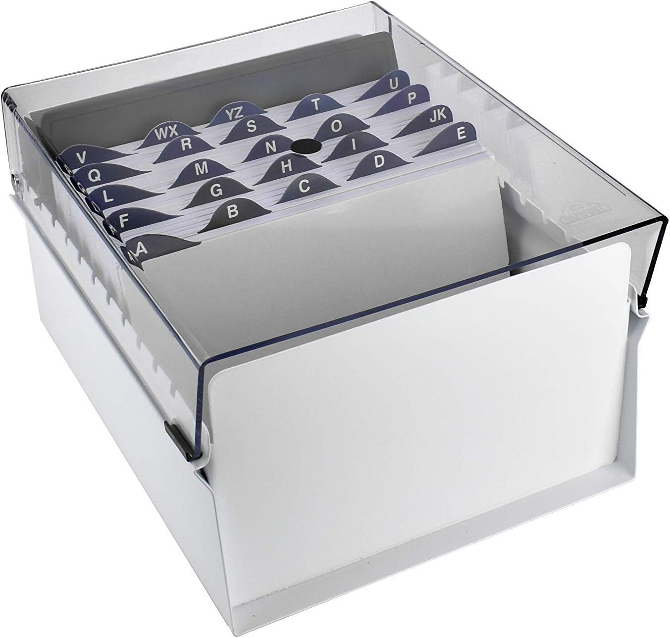 Acrimet 5 X 8 Card File Holder Organizer Box Metal Base Heavy Duty (AZ Index Cards and Divider Included) (White Color with Clear Crystal Plastic Lid Cover)