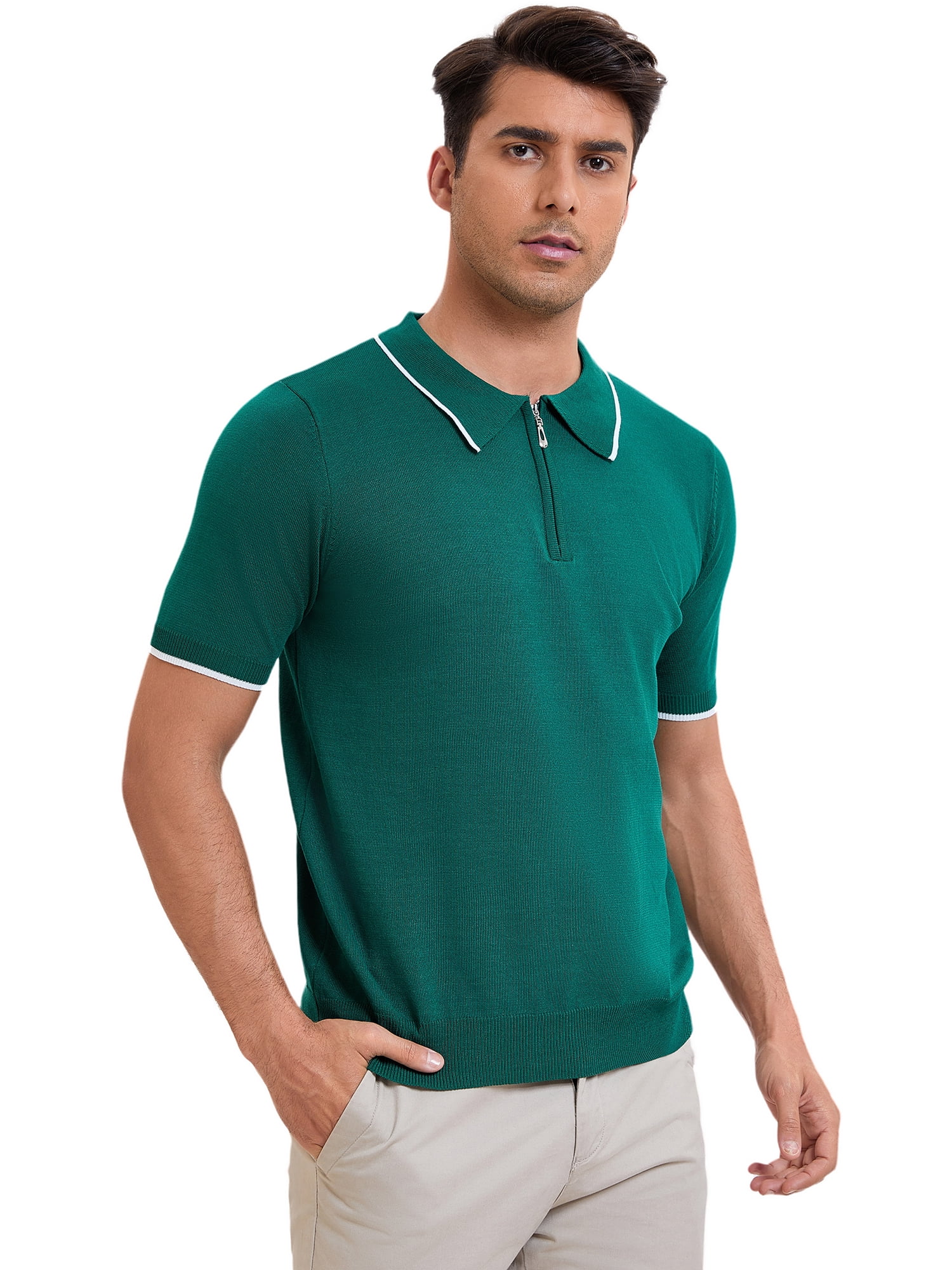 DARING DIVA Men's Formal Short Sleeved Zipper Slim Fit Classic Polo Shirts 2XL Green