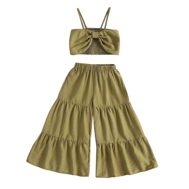 Spring Outfits Girls Summer Fashion Bow Sleveeless Tops Wide Leg Pants Solid Color 2Pcs Set Girl Baby Clothes Green 2 Years-3 Years