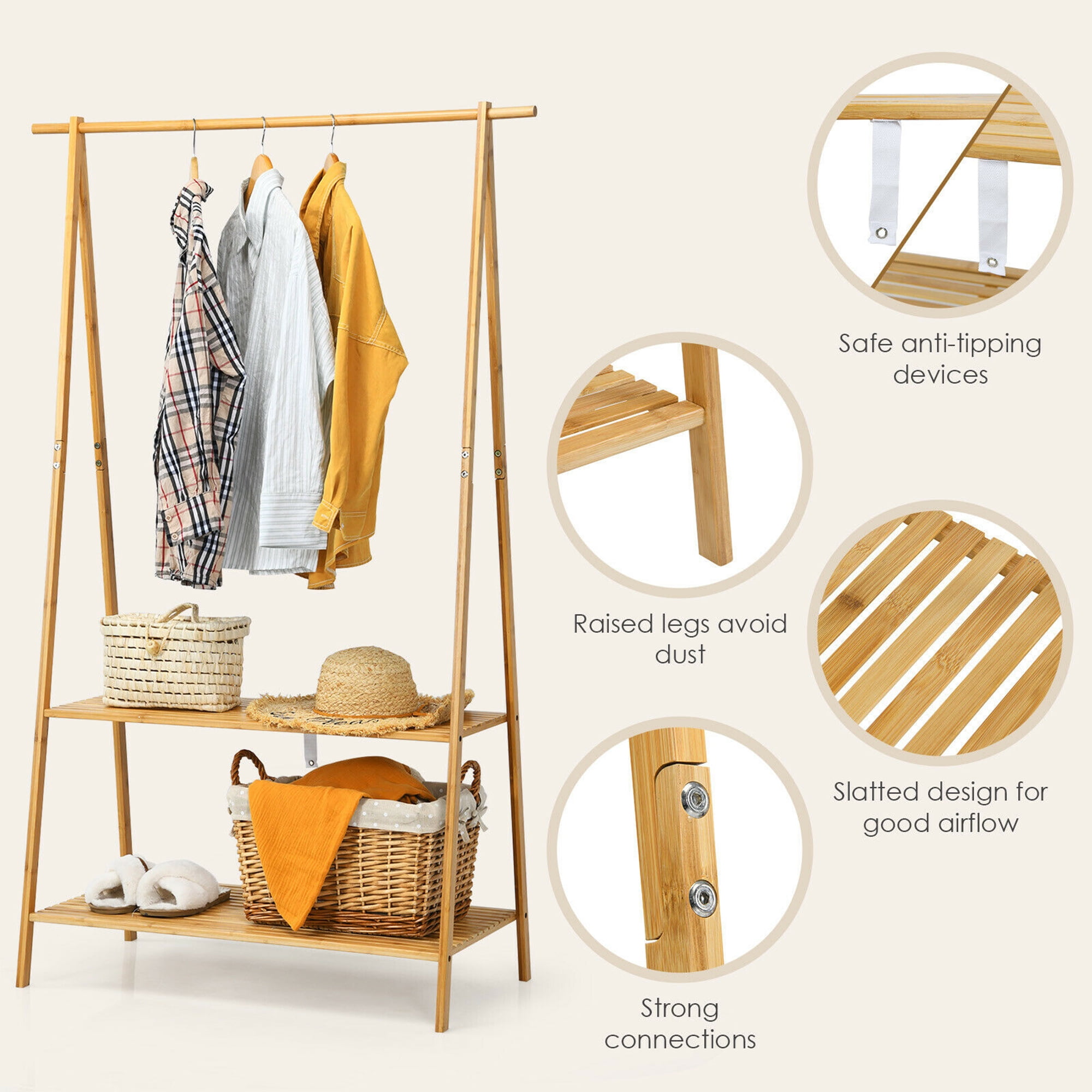 Gymax Bamboo Garment Rack Clothes Hanging Rack w 2 Tier Storage Shelf Entryway Bedroom Walmart Business Supplies