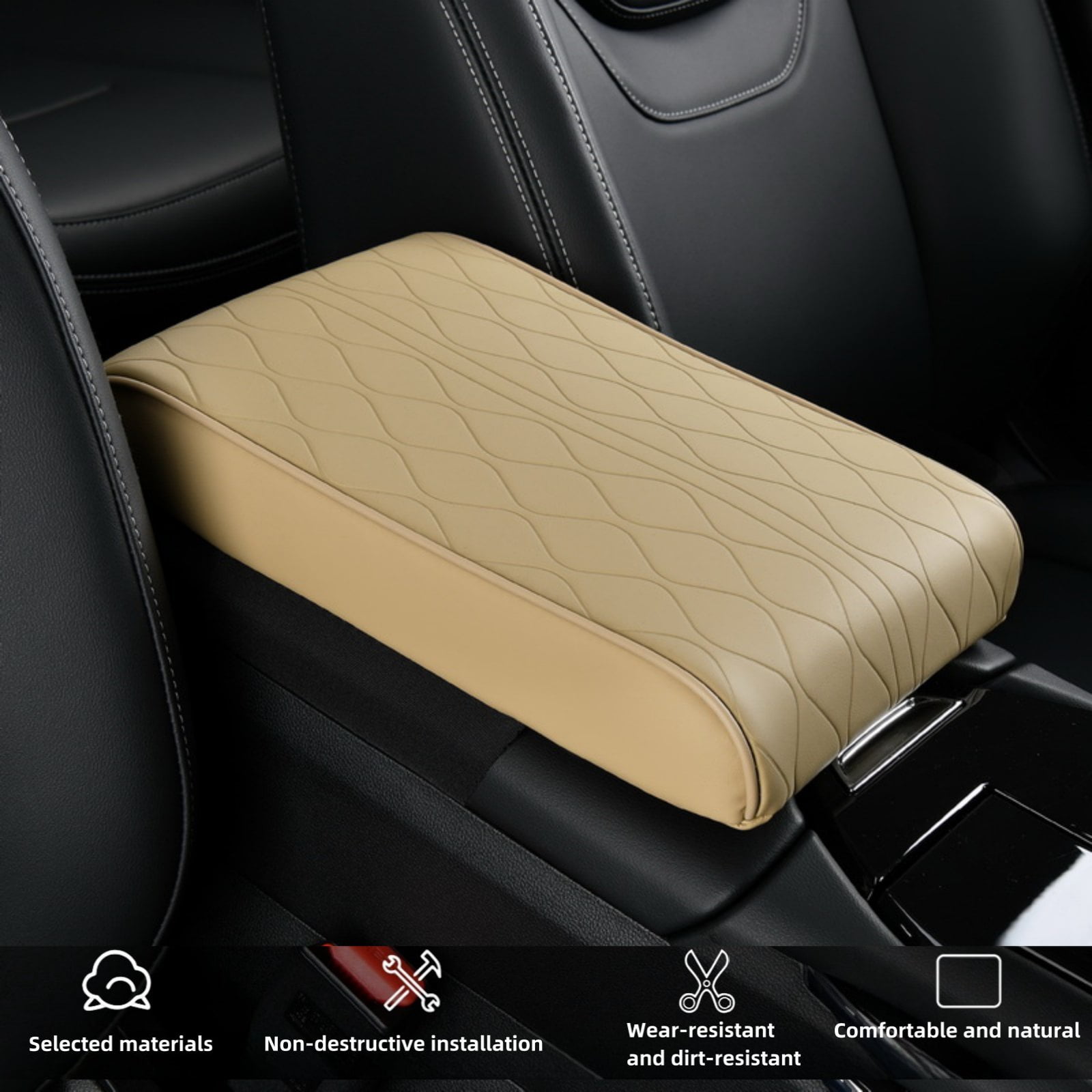 ST SoleMe.Tc Beige Leather Center Console Pad Car Armrest Cushion - Car Arm Rest Covering Vehicle Memory Foam Armrest Box Cover for Car Suv Truck, Water Ripple Style, (L)