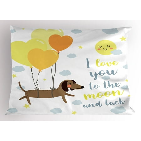 I Love You Pillow Sham Cute Dog with Balloons and Hearts Sun Clouds Puppy Baby Best Friends, Decorative Standard King Size Printed Pillowcase, 36 X 20 Inches, Yellow Cocoa Blue Grey, by