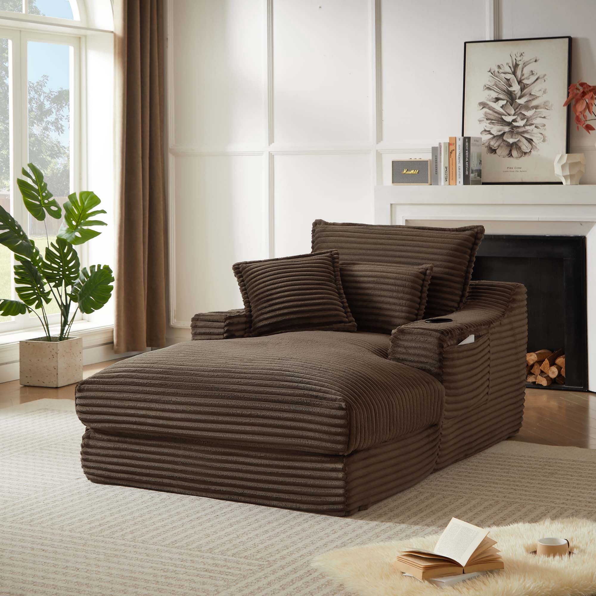 Miniyam 68" x 47" Chaises Indoor with Cup Holders & Side Pockets, Dark Brown Compression Sofa Lounge, No Installation Required
