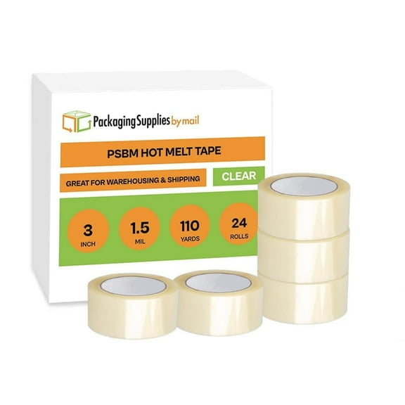 PSBM Hot Melt Commercial Shipping Tape 3 Inch x 110 Yards 24 Rolls 1.5 Mil Clear for Packing and sealing Boxes