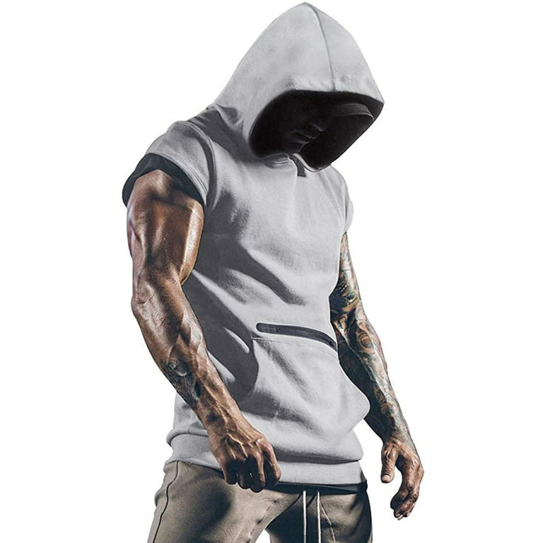 Mens Athletic Hoodies Short Sleeve Slim Fit Running Shirts Workout Hoodie  Muscle Tank Top Pullover with Pocket