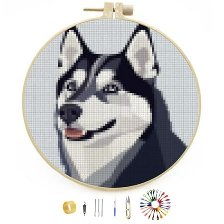 Siberian Huskies Dog Stamped Cross Stitch Kits for Beginners with Hoop Simple Patterns 11CT Counted Embroidery Needlepoint Crafts Arts for DIY Enthusiasts and Home Decor 26x26cm